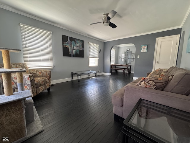 144 S 7th Ave, Beech Grove, IN 46107 - living area featuring arched walkways, ceiling fan, ornamental molding, dark wood-type flooring, and baseboards