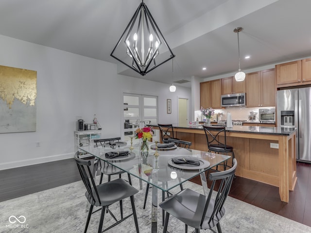 222 N E St Unit 103, Indianapolis, IN 46204 - dining room featuring dark wood-type flooring, recessed lighting, a chandelier, and baseboards