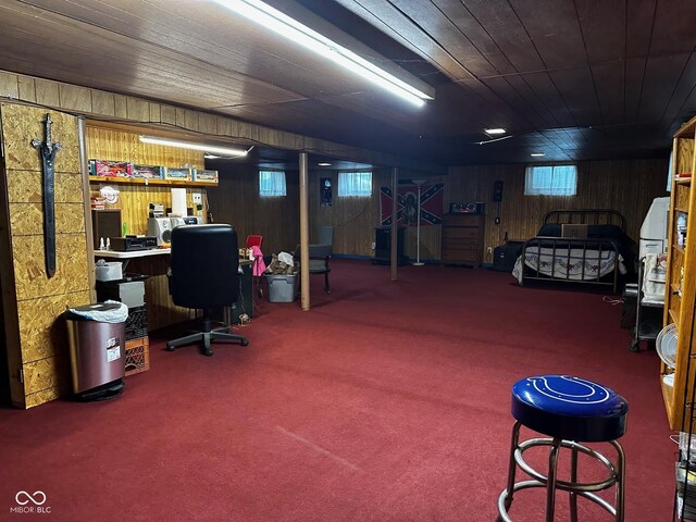 7114 Locust Lake W Dr, Spencer, IN 47460 - below grade area with wooden walls, an office area, carpet flooring, and wooden ceiling