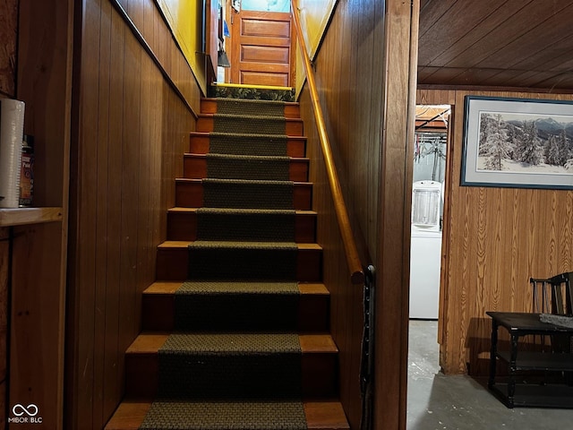 7114 Locust Lake W Dr, Spencer, IN 47460 - staircase with wooden walls, unfinished concrete flooring, and wood ceiling