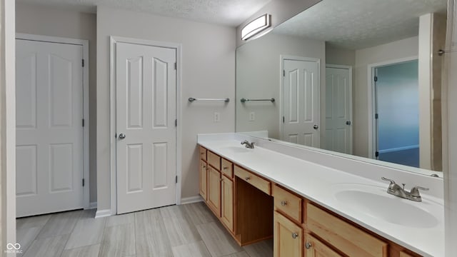 12878 Ari Ln, Fishers, IN 46037 - bathroom featuring a textured ceiling, double vanity, and baseboards