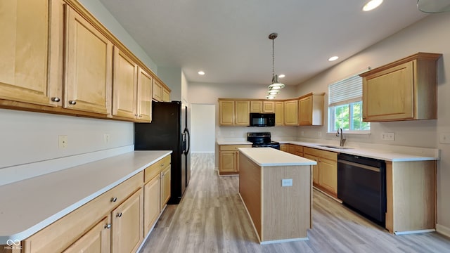 12878 Ari Ln, Fishers, IN 46037 - kitchen featuring black appliances, a sink, light brown cabinets, light wood finished floors, and a kitchen island