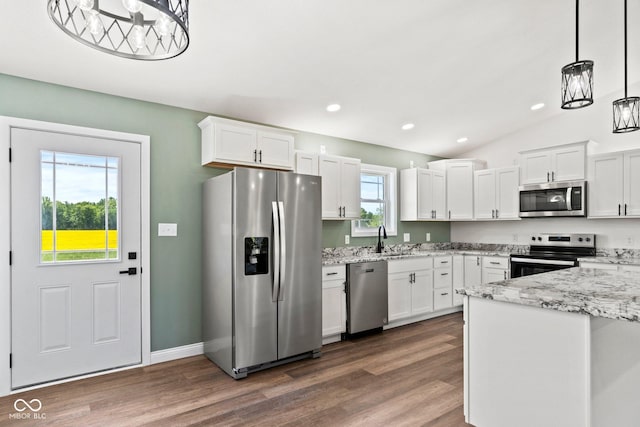 5003 W 900 N, Dupont, IN 47231 - kitchen with stainless steel appliances, a sink, white cabinetry, dark wood-style floors, and recessed lighting