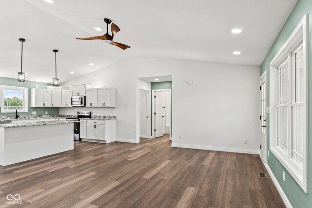 5003 W 900 N, Dupont, IN 47231 - kitchen with stainless steel appliances, dark wood finished floors, white cabinets, baseboards, and vaulted ceiling