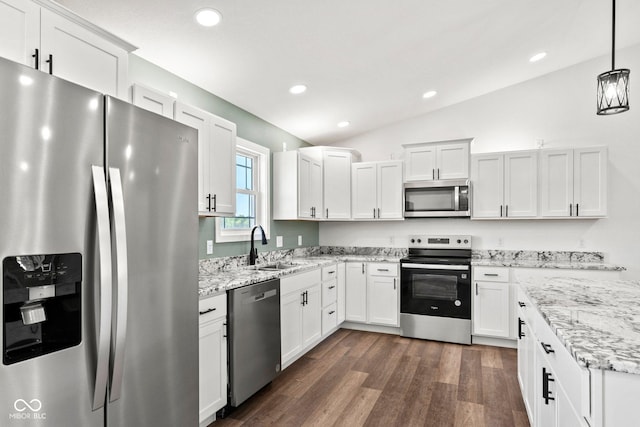 5003 W 900 N, Dupont, IN 47231 - kitchen featuring stainless steel appliances, recessed lighting, white cabinets, dark wood finished floors, and vaulted ceiling