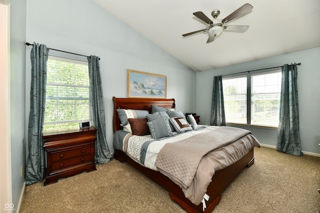 938 Weeping Way Ln, Avon, IN 46123 - bedroom with vaulted ceiling, carpet, multiple windows, baseboards, and a ceiling fan