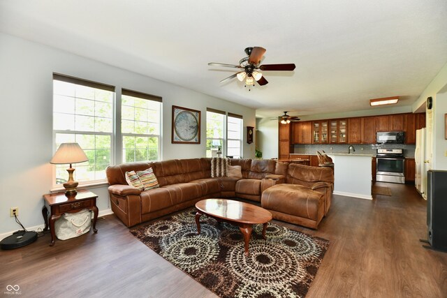 938 Weeping Way Ln, Avon, IN 46123 - living room featuring ceiling fan and dark wood-style flooring
