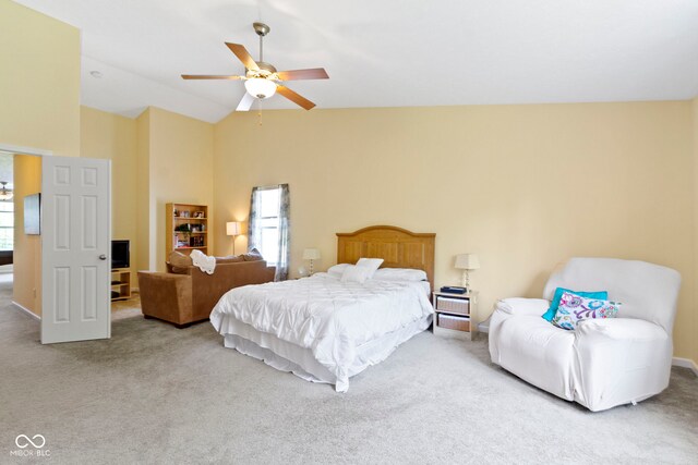 5145 Greenside Dr, Indianapolis, IN 46235 - bedroom with carpet flooring, high vaulted ceiling, ceiling fan, and baseboards