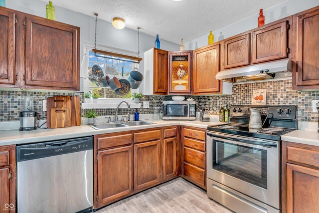 1104 Briarwood Dr, Brownsburg, IN 46112 - kitchen featuring appliances with stainless steel finishes, under cabinet range hood, a sink, light countertops, and a textured ceiling