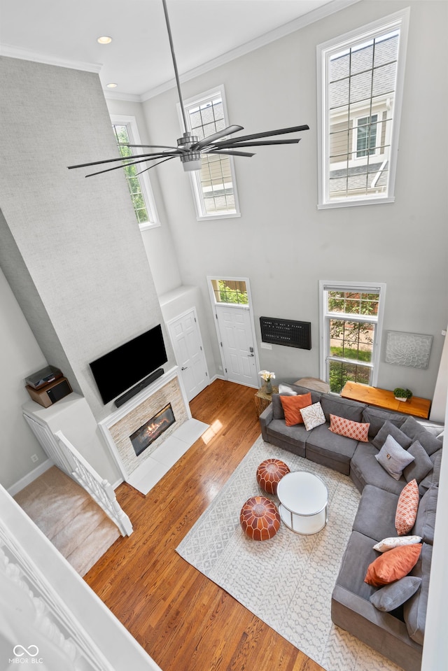 654 N Senate Ave, Indianapolis, IN 46202 - living room featuring ornamental molding, wood finished floors, healthy amount of natural light, a high ceiling, and a glass covered fireplace