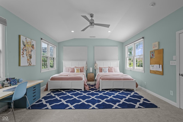 654 N Senate Ave, Indianapolis, IN 46202 - carpeted bedroom featuring multiple windows, vaulted ceiling, a ceiling fan, baseboards, and recessed lighting
