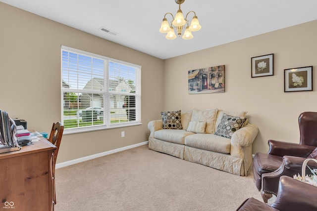 10731 Jimmy Lake Dr, Indianapolis, IN 46239 - carpeted living area featuring a chandelier, baseboards, and an office area