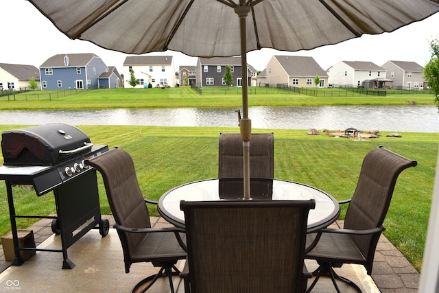 10731 Jimmy Lake Dr, Indianapolis, IN 46239 - view of patio featuring outdoor dining area, a residential view, a water view, and area for grilling