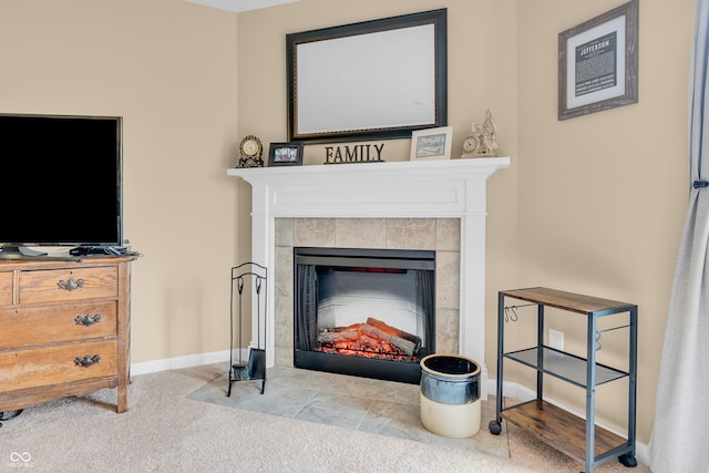 10731 Jimmy Lake Dr, Indianapolis, IN 46239 - detailed view of a tiled fireplace, baseboards, and carpet floors