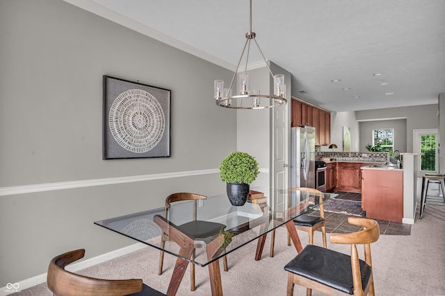 1064 Reserve Way, Indianapolis, IN 46220 - dining room featuring dark carpet, baseboards, recessed lighting, and a chandelier