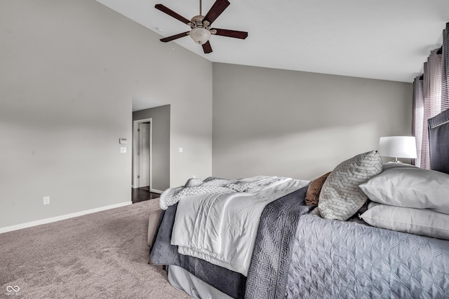 1064 Reserve Way, Indianapolis, IN 46220 - bedroom with carpet floors, baseboards, ceiling fan, and high vaulted ceiling