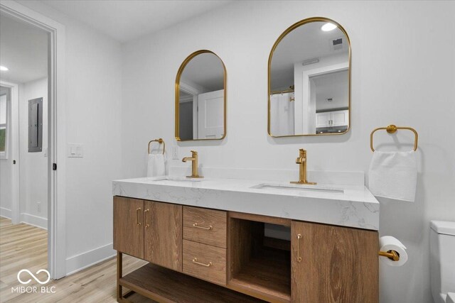450 Historic Pleasant St, Noblesville, IN 46060 - full bathroom featuring double vanity, electric panel, wood finished floors, toilet, and baseboards