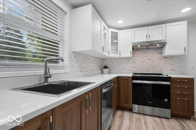 450 Historic Pleasant St, Noblesville, IN 46060 - kitchen featuring stainless steel appliances, under cabinet range hood, a sink, light countertops, and white cabinetry