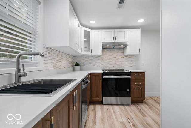 450 Historic Pleasant St, Noblesville, IN 46060 - kitchen featuring appliances with stainless steel finishes, under cabinet range hood, light countertops, a sink, and white cabinetry