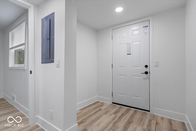 450 Historic Pleasant St, Noblesville, IN 46060 - entrance foyer featuring electric panel, light wood-style floors, baseboards, and recessed lighting