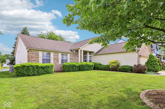 7970 Cobblesprings Dr, Avon, IN 46123 - ranch-style home with brick siding, a front lawn, roof with shingles, and cooling unit