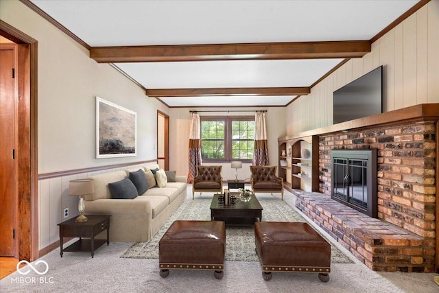 659 Carson Ct, Carmel, IN 46033 - living room featuring beam ceiling, crown molding, carpet flooring, and a brick fireplace
