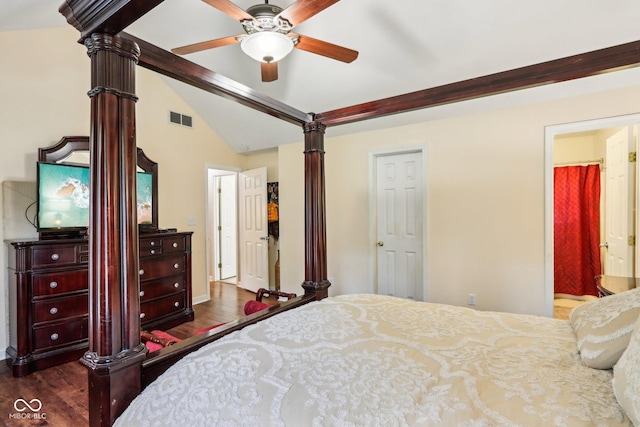 6804 Erika Ln, Nashville, IN 47448 - bedroom with wood finished floors, ceiling fan, and ensuite bathroom