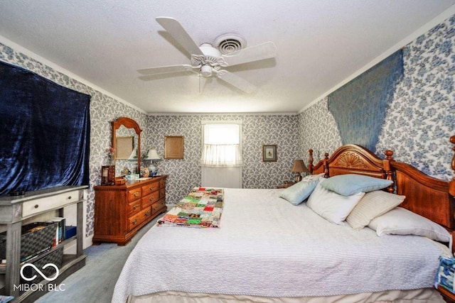 17310 N Willman Rd, Eaton, IN 47338 - bedroom with wallpapered walls, crown molding, carpet, a ceiling fan, and a textured ceiling