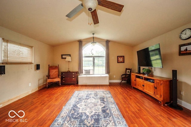 17310 N Willman Rd, Eaton, IN 47338 - living area with light wood-style floors, a ceiling fan, lofted ceiling, and baseboards