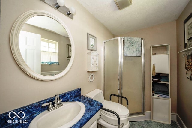 17310 N Willman Rd, Eaton, IN 47338 - full bathroom featuring a stall shower, toilet, vanity, and a textured ceiling