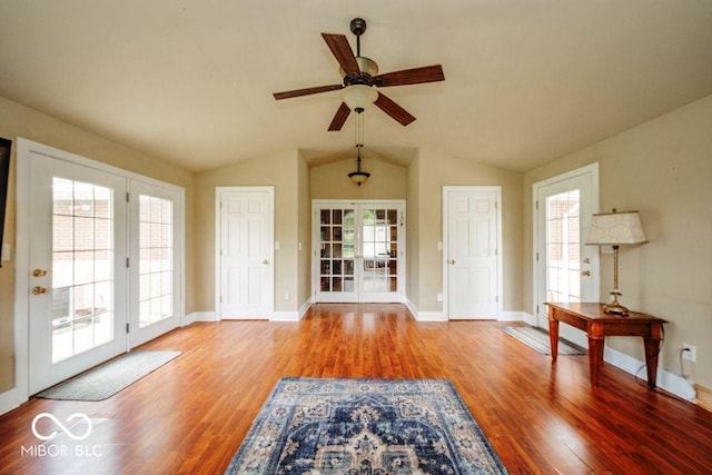 17310 N Willman Rd, Eaton, IN 47338 - foyer featuring french doors, light wood-style floors, a ceiling fan, baseboards, and lofted ceiling
