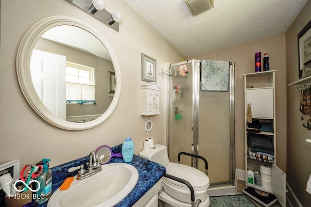 17310 N Willman Rd, Eaton, IN 47338 - bathroom with a shower stall, toilet, vanity, a textured ceiling, and lofted ceiling