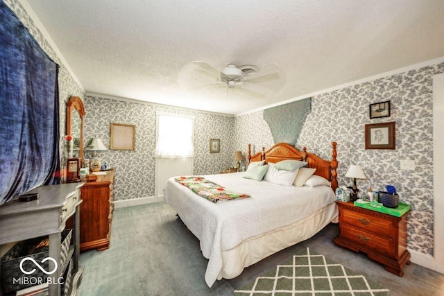 17310 N Willman Rd, Eaton, IN 47338 - bedroom with ornamental molding, wallpapered walls, a textured ceiling, baseboards, and carpet floors