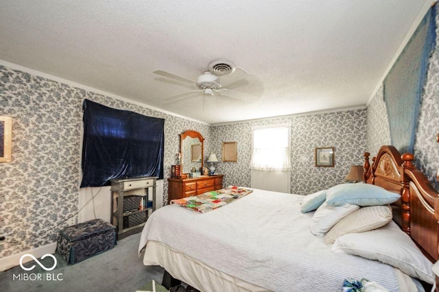 17310 N Willman Rd, Eaton, IN 47338 - carpeted bedroom with a textured ceiling, ornamental molding, wallpapered walls, and a ceiling fan