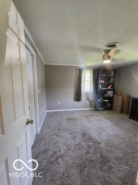 17310 N Willman Rd, Eaton, IN 47338 - unfurnished bedroom with carpet flooring, a textured ceiling, baseboards, and a ceiling fan