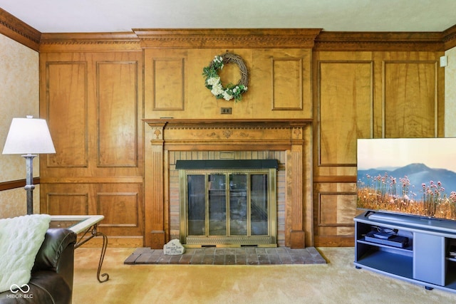 9240 E Woodview Dr, Bloomington, IN 47401 - carpeted living area with a brick fireplace