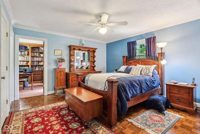 9240 E Woodview Dr, Bloomington, IN 47401 - bedroom featuring ornamental molding and a ceiling fan