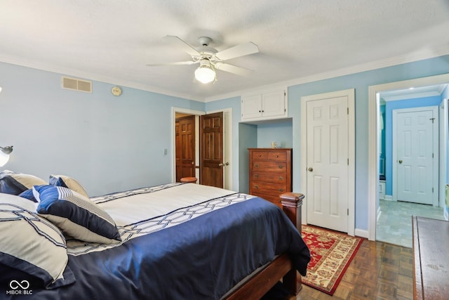 9240 E Woodview Dr, Bloomington, IN 47401 - bedroom featuring ornamental molding and a ceiling fan