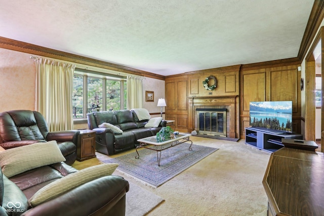 9240 E Woodview Dr, Bloomington, IN 47401 - living area with a textured ceiling, a glass covered fireplace, light colored carpet, and ornamental molding