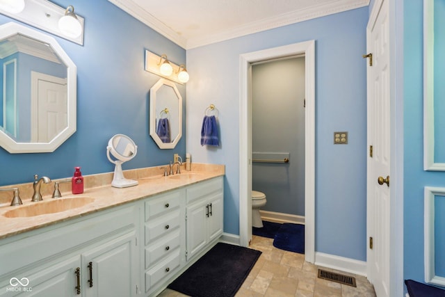 9240 E Woodview Dr, Bloomington, IN 47401 - bathroom with double vanity, stone finish flooring, and crown molding