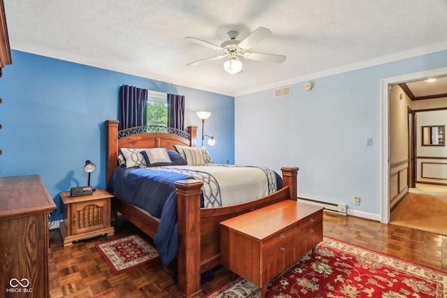 9240 E Woodview Dr, Bloomington, IN 47401 - bedroom featuring a baseboard radiator, crown molding, a ceiling fan, and a textured ceiling