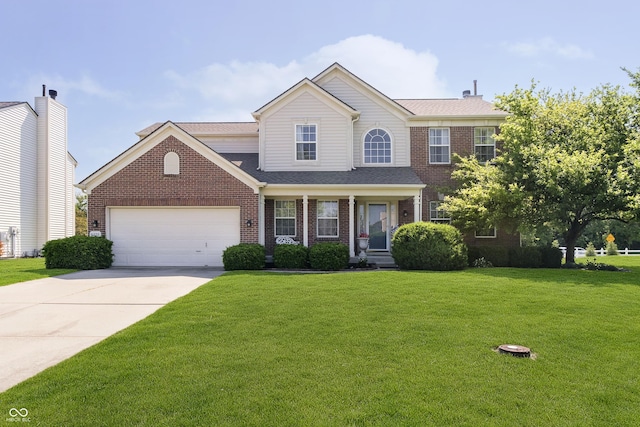 14135 Nicholas Dr, Carmel, IN 46074 - view of front of house with brick siding, a garage, a front lawn, and driveway