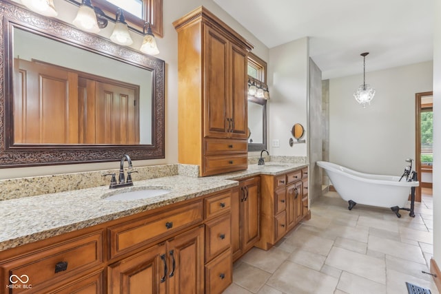2825 S State Road 267, Plainfield, IN 46168 - full bath with double vanity, a freestanding bath, and stone finish flooring