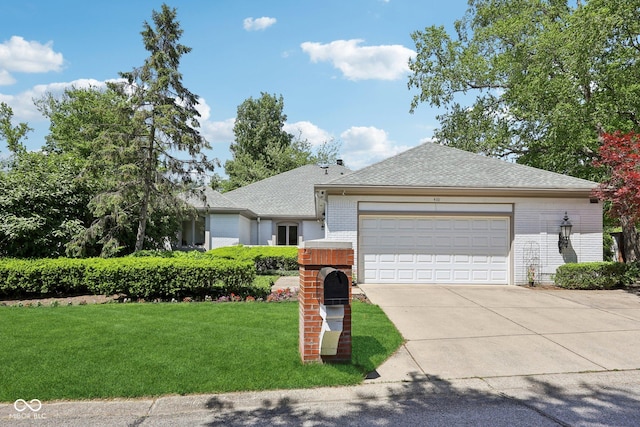 410 Sugar Tree Ln, Indianapolis, IN 46260 - view of front facade featuring brick siding, concrete driveway, an attached garage, a front yard, and a shingled roof
