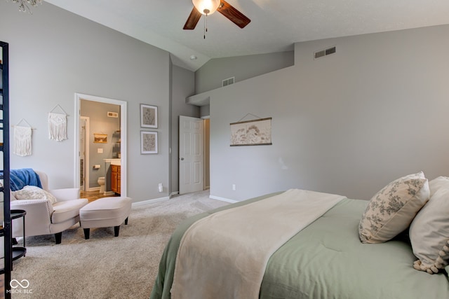 7452 Lace Bark Ct, Avon, IN 46123 - bedroom with light colored carpet, high vaulted ceiling, baseboards, a ceiling fan, and ensuite bathroom