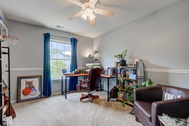 7452 Lace Bark Ct, Avon, IN 46123 - carpeted office with ceiling fan, a textured ceiling, and baseboards