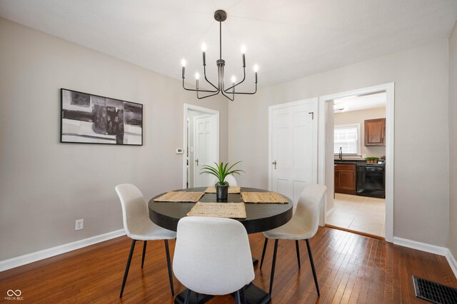 5232 E 10th St, Indianapolis, IN 46219 - dining room featuring a chandelier, hardwood / wood-style floors, and baseboards