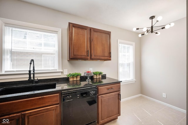5232 E 10th St, Indianapolis, IN 46219 - kitchen featuring black dishwasher, a chandelier, a sink, brown cabinets, and baseboards