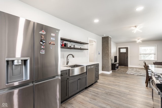 1342 N Oakland Ave, Indianapolis, IN 46201 - kitchen with appliances with stainless steel finishes, a sink, light countertops, open floor plan, and open shelves