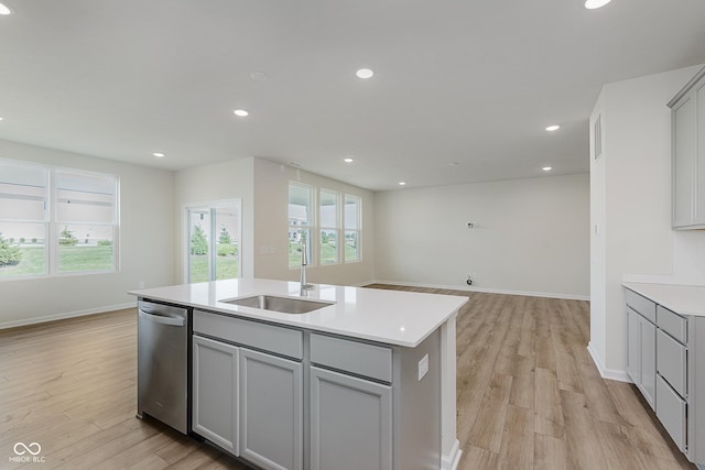 2705 Penn Ave, Plainfield, IN 46168 - kitchen featuring dishwasher, gray cabinets, a kitchen island with sink, light wood finished floors, and recessed lighting